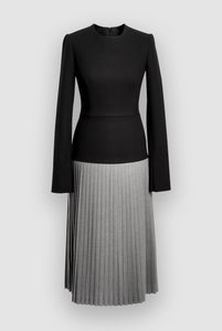 PLEATED BLACK AND GRAY WOOL DRESS