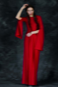 RED WOOL EVENING DRESS WITH OPPOSITE DOUBLE PLEAT