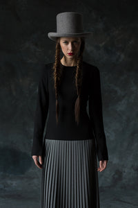 PLEATED BLACK AND GRAY WOOL DRESS